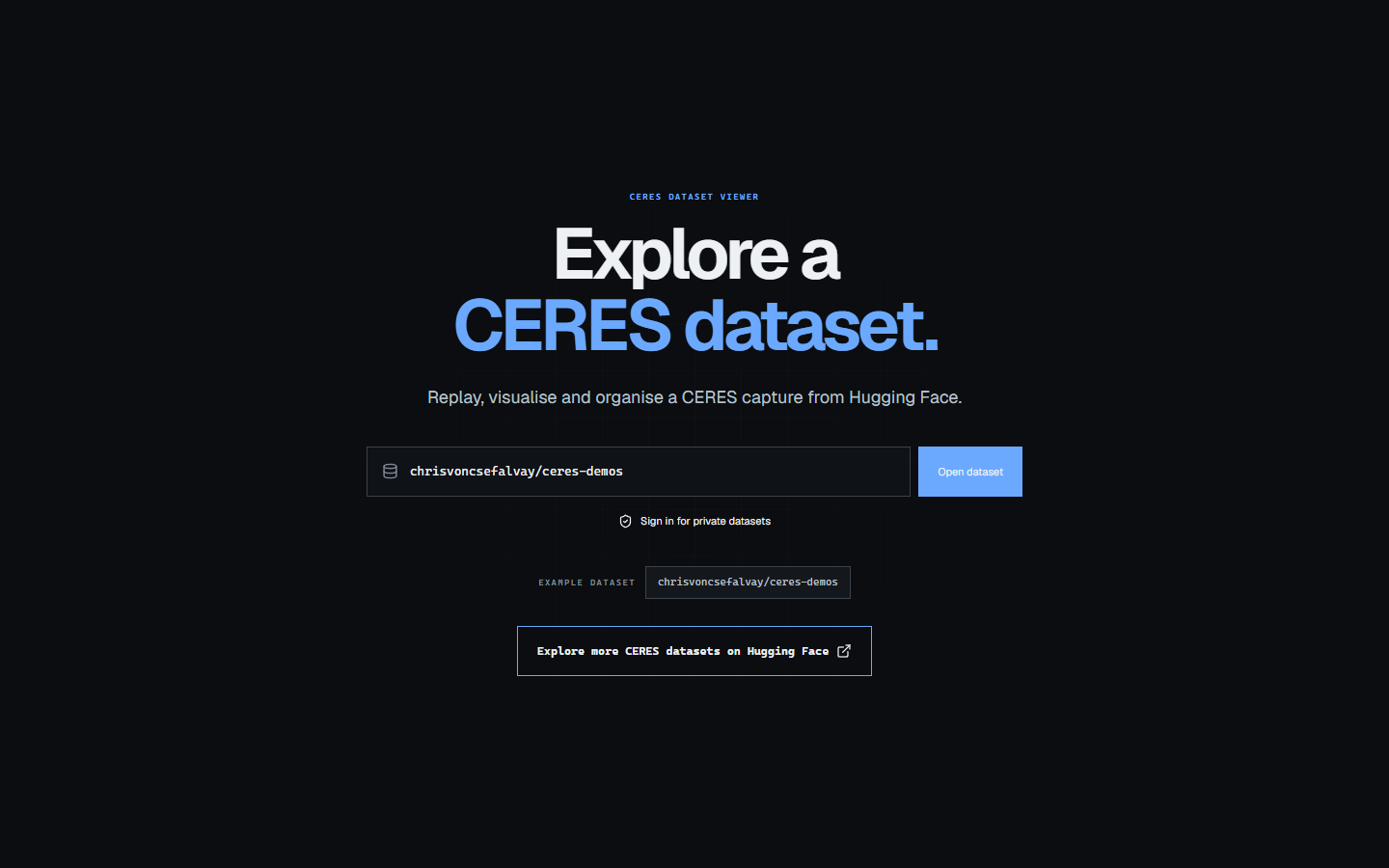 CERES dataset viewer start screen with the public example repository ready to open